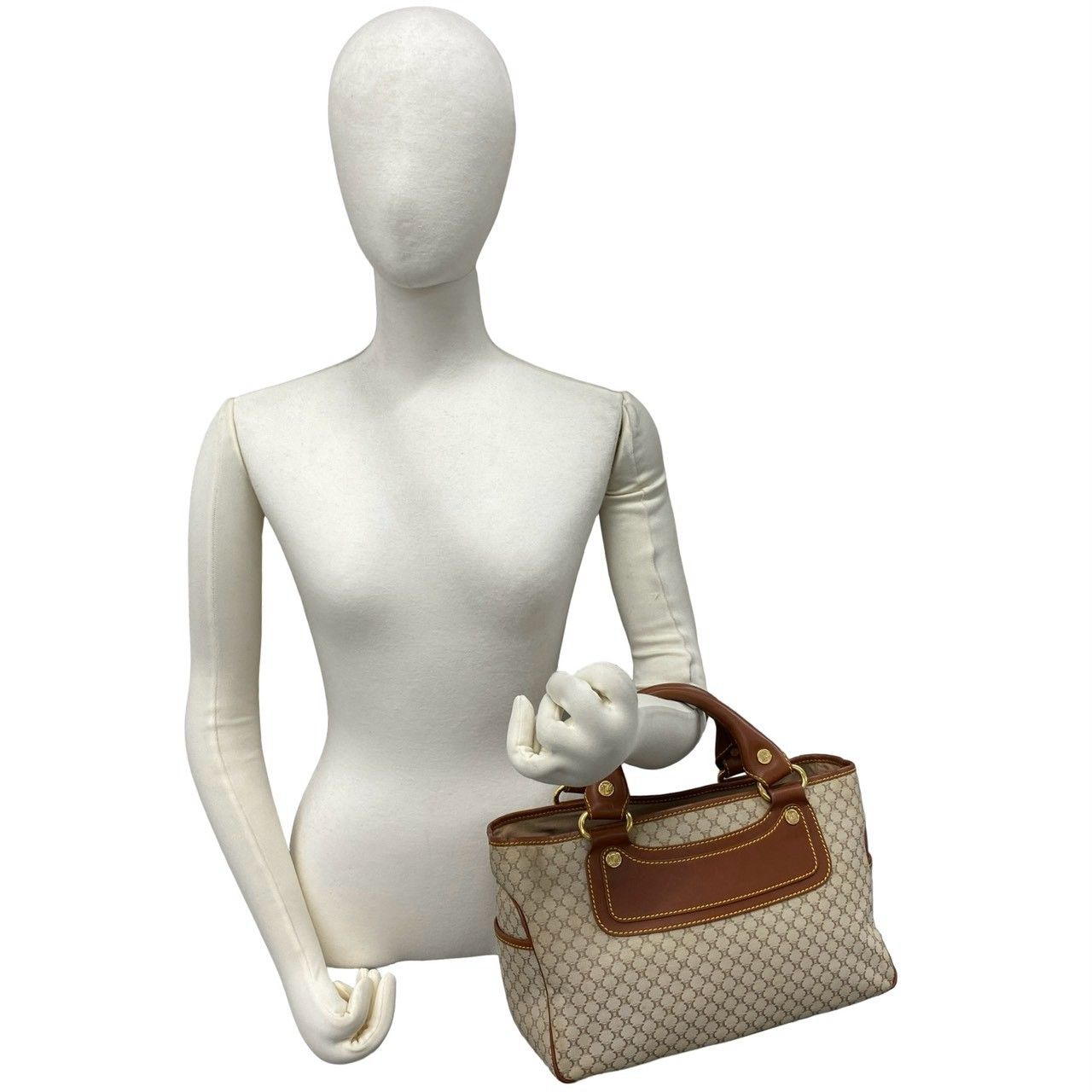 Celine Boogie Macadam Blason Pattern Canvas Leather Handbag Mini Tote Beige — view 2