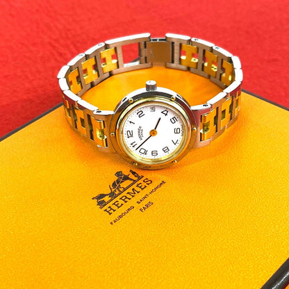 Hermes Clipper Stainless Quartz Watch Wrist Silver Gold
