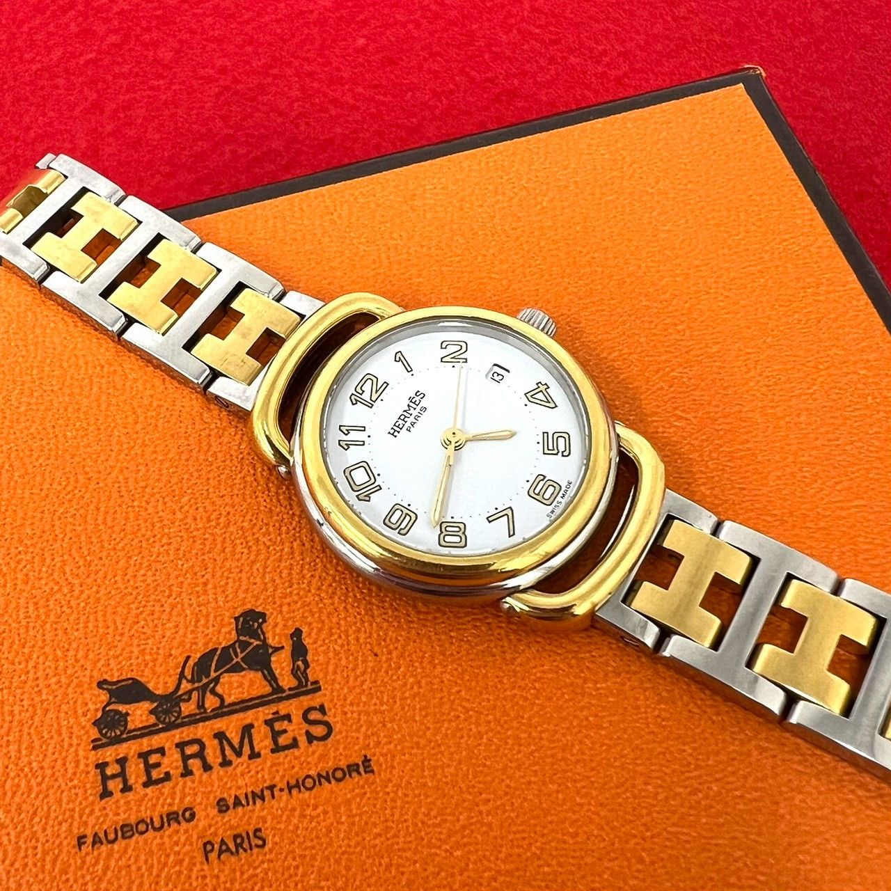 Hermes Pullman Stainless Quartz Watch Wrist Gold Silver