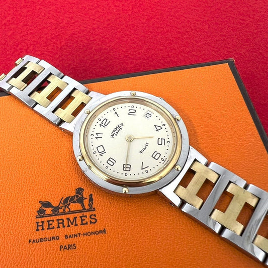 Hermes Clipper Stainless Quartz Watch Wrist Silver Gold