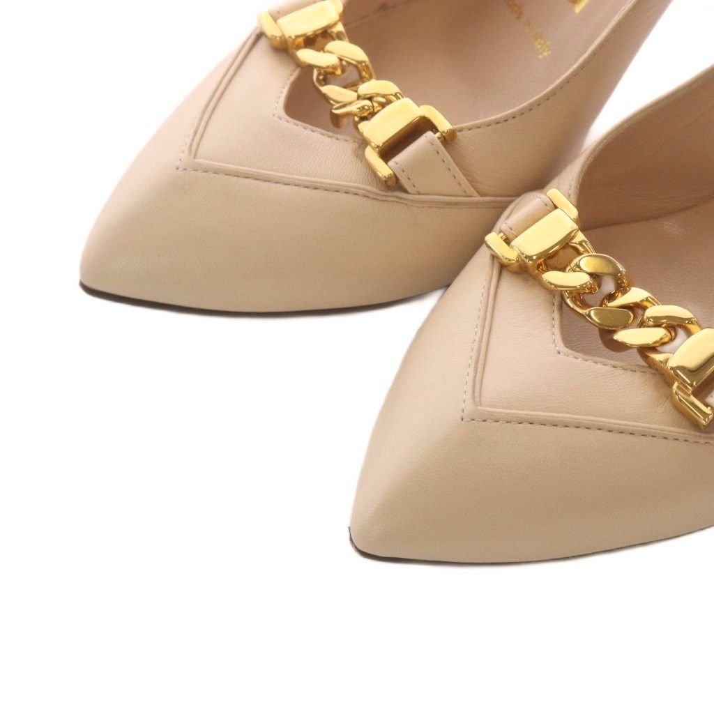 Gucci Pumps Beige Chain Motif Pointed Toe Leather Slingback Heels — view 3