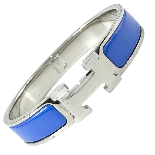 Hermes Click Enamel Silver Blue Bangle Bracelet