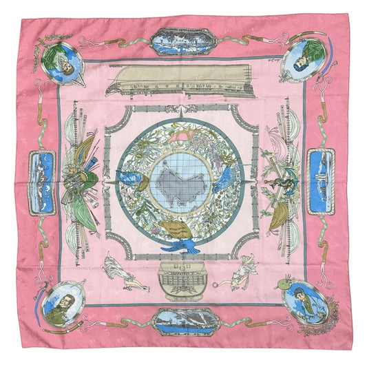 Hermes Carre 90 le Geographe Geographer Silk Pink Scarf