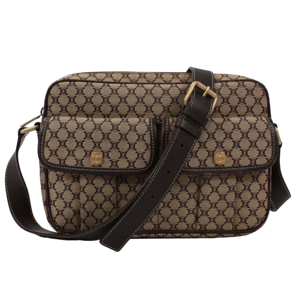 Celine Macadam Leather Canvas Brown Shoulder Bag Gold