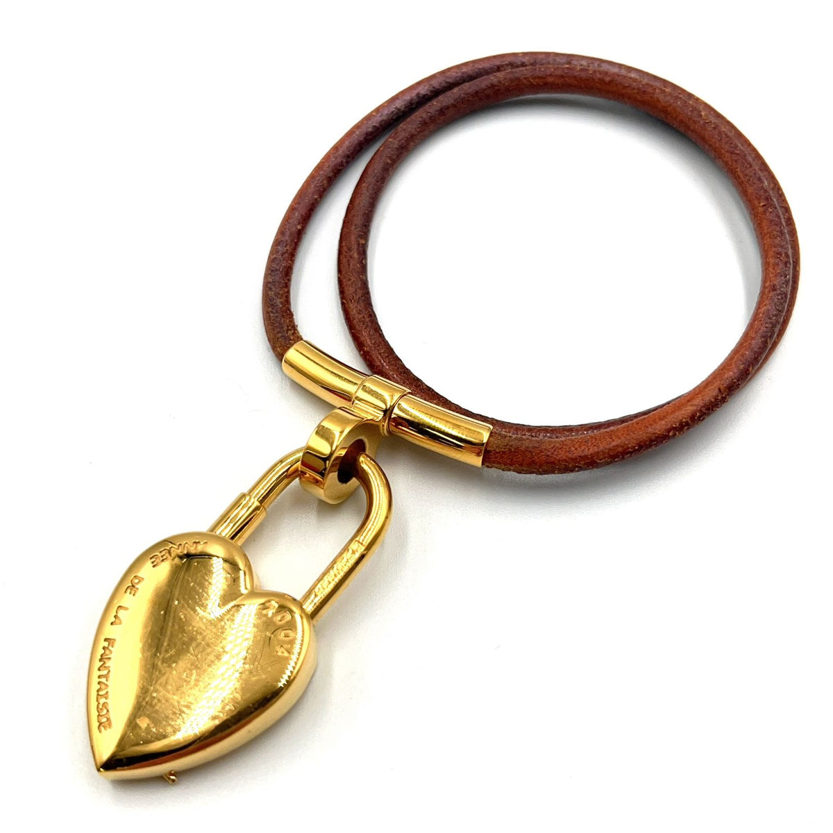 Hermes Fantasy Heart Cadena Choker Leather Metal Gold Brown Bracelet Bangle — view 5