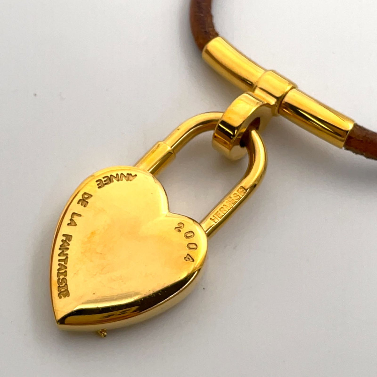 Hermes Fantasy Heart Cadena Choker Leather Metal Gold Brown Bracelet Bangle