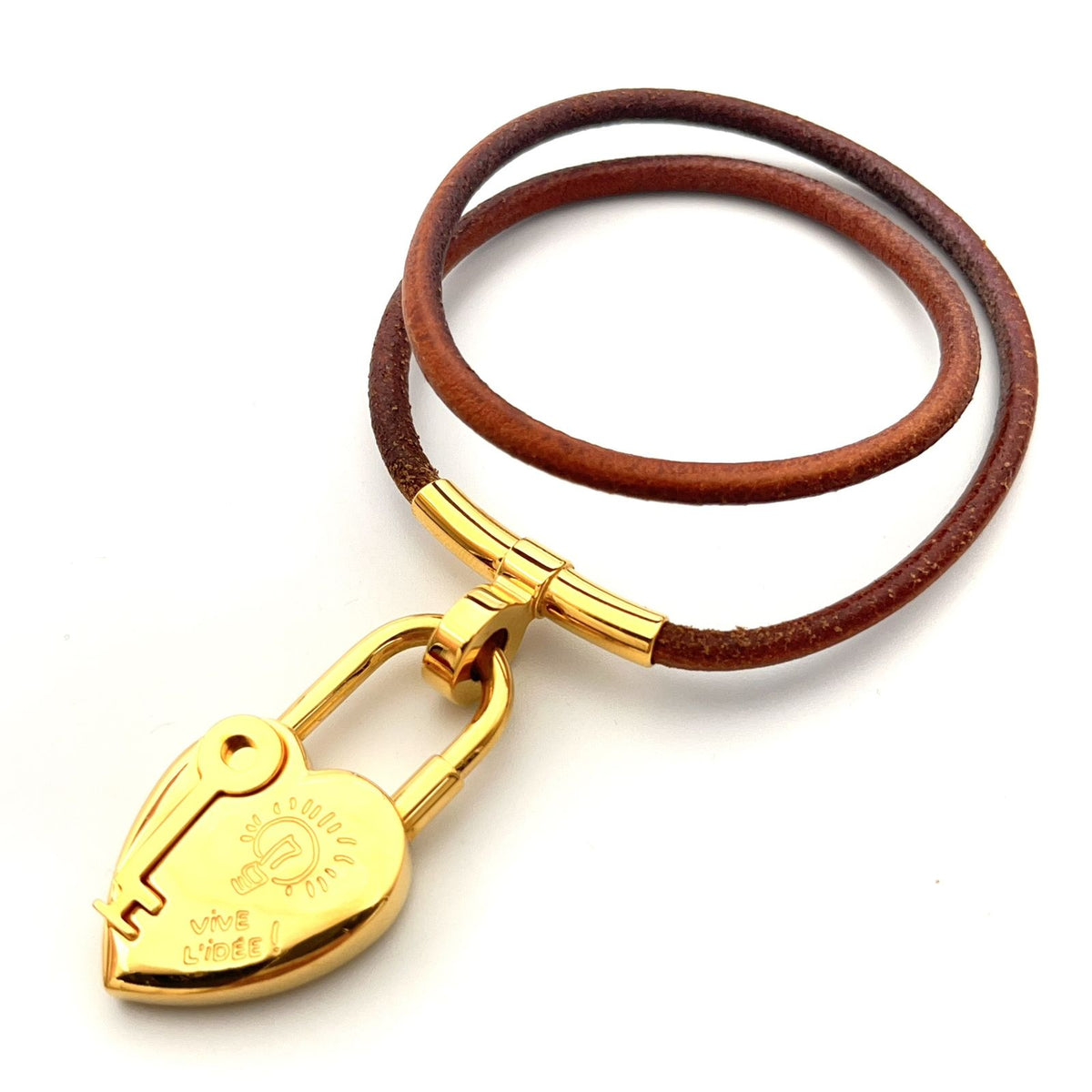 Hermes Fantasy Heart Cadena Choker Leather Metal Gold Brown Bracelet Bangle — view 6
