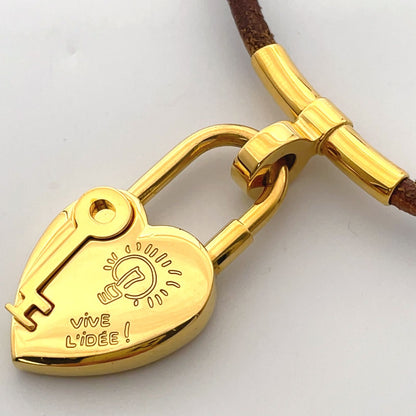 Hermes Fantasy Heart Cadena Choker Leather Metal Gold Brown Bracelet Bangle — view 2