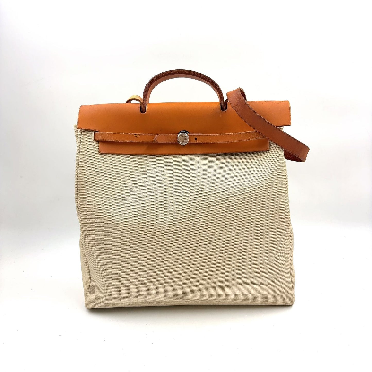 Hermes Herbag a Dos PM 2-Way Shoulder Bag Leather Canvas Beige Light Brown