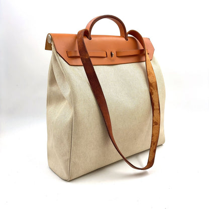 Hermes Herbag a Dos PM 2-Way Shoulder Bag Leather Canvas Beige Light Brown — view 2