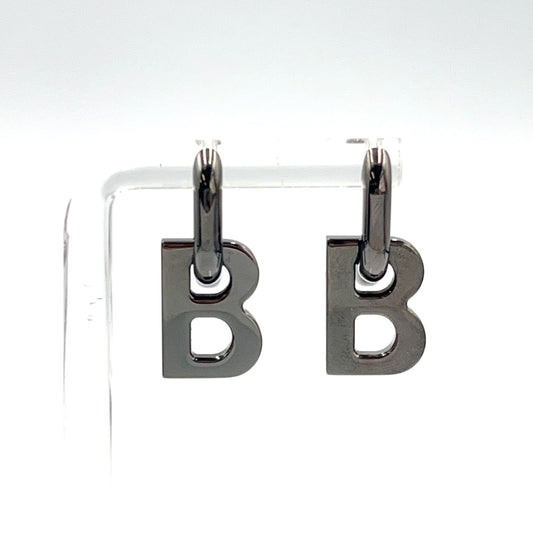 Balenciaga B Chain B Logo Hoop Drop Gunmetal Metal Silver Earrings