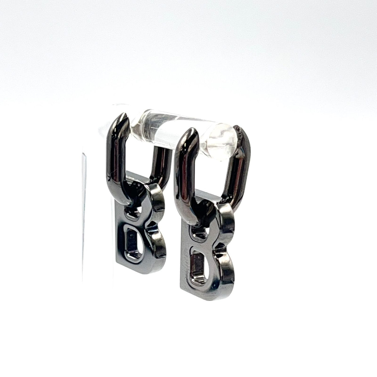 Balenciaga B Chain B Logo Hoop Drop Gunmetal Metal Silver Earrings — view 2