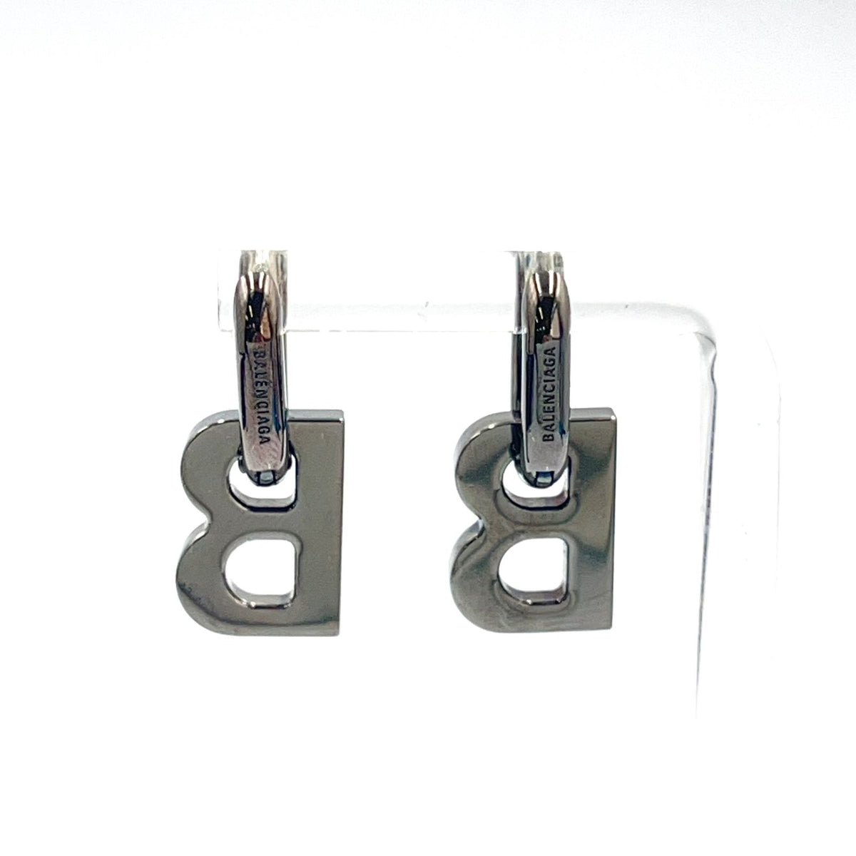 Balenciaga B Chain B Logo Hoop Drop Gunmetal Metal Silver Earrings — view 3