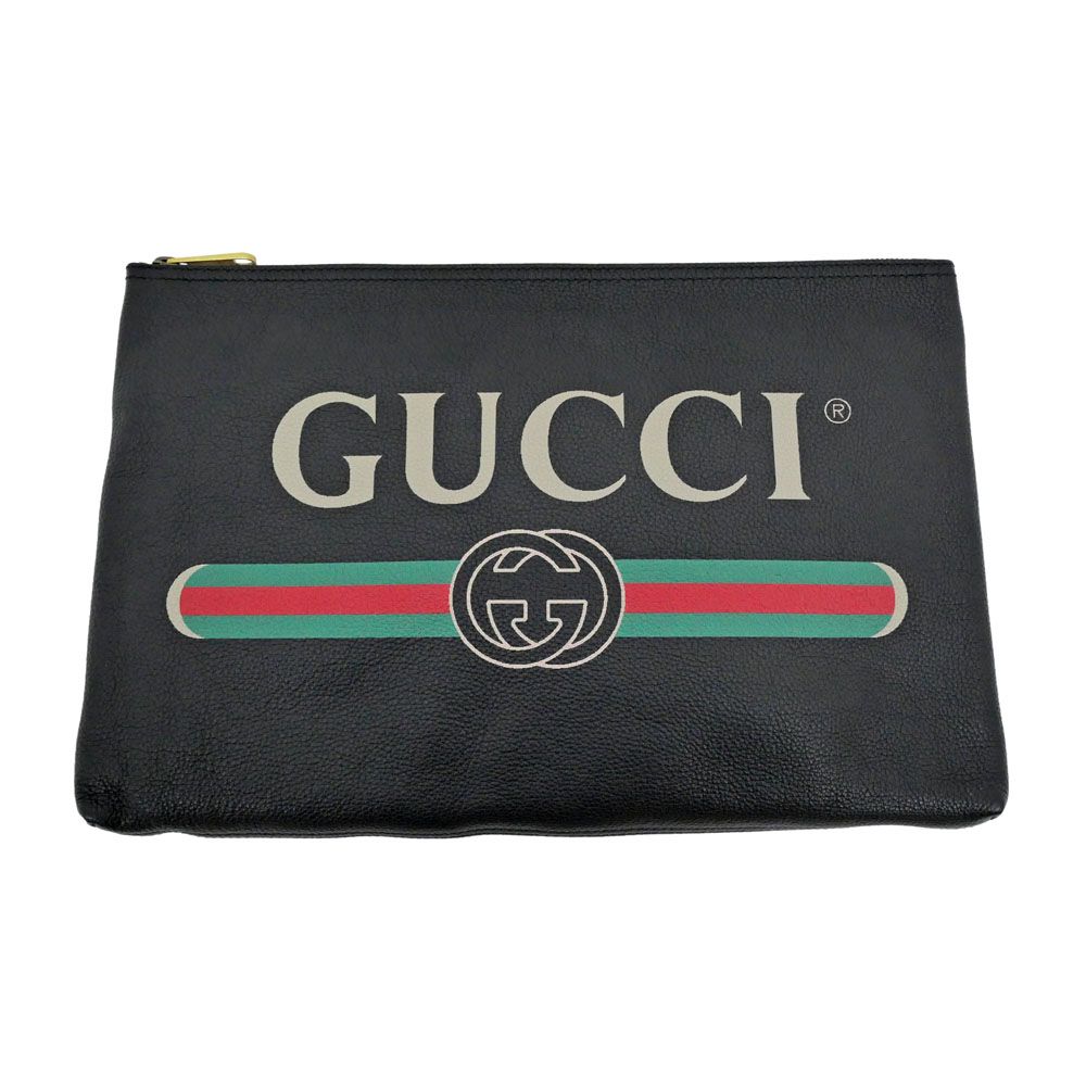 Gucci Logo Print Clutch Black Gold Leather