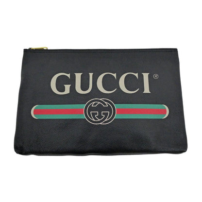 Gucci Logo Print Clutch Black Gold Leather