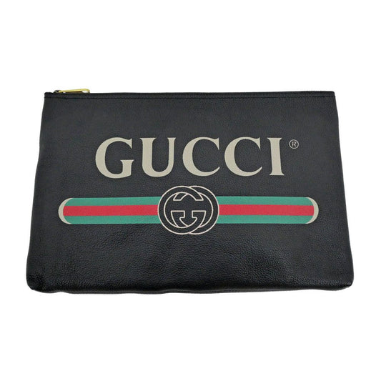 Gucci Logo Print Clutch Black Gold Leather