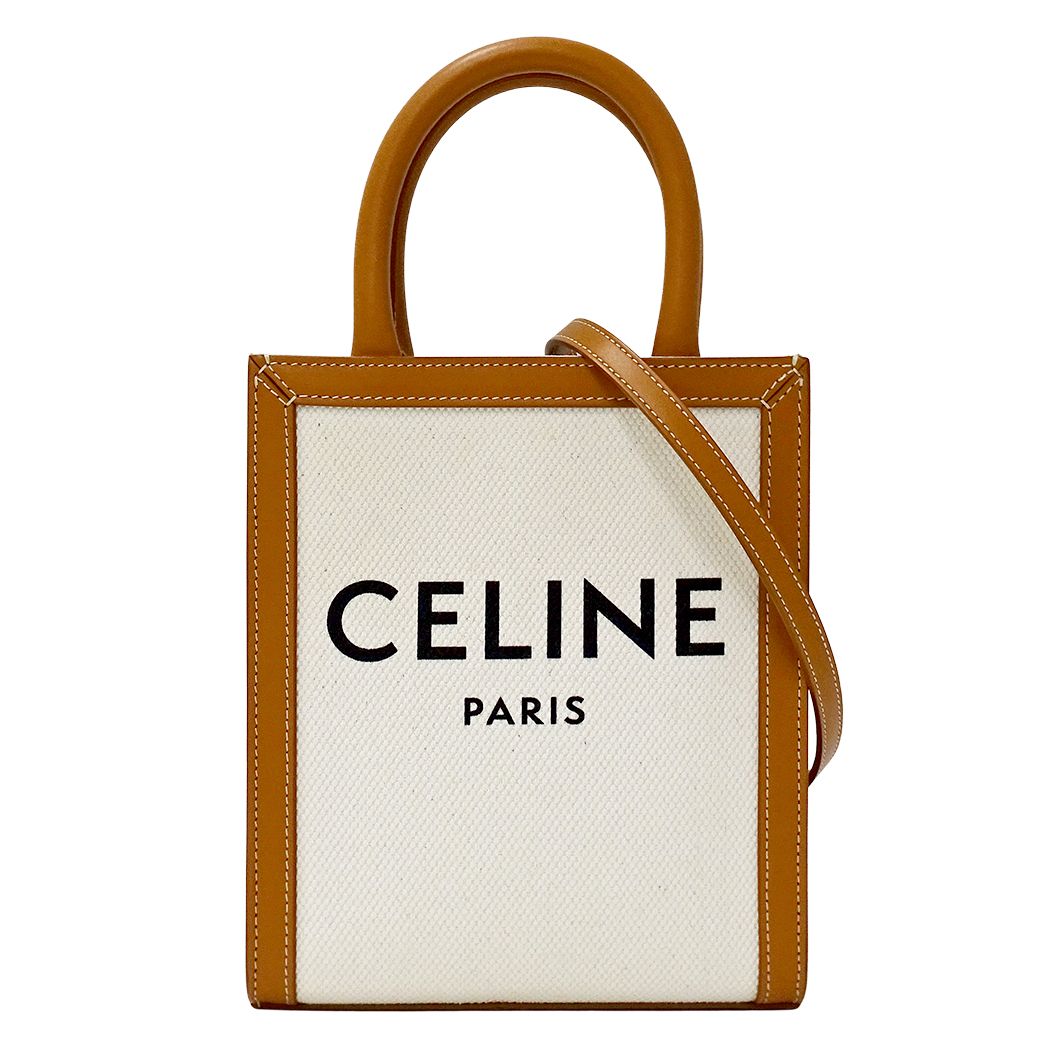 Celine 2-Way Shoulder Bag Mini Vertical Cabas Canvas Leather Tan Logo