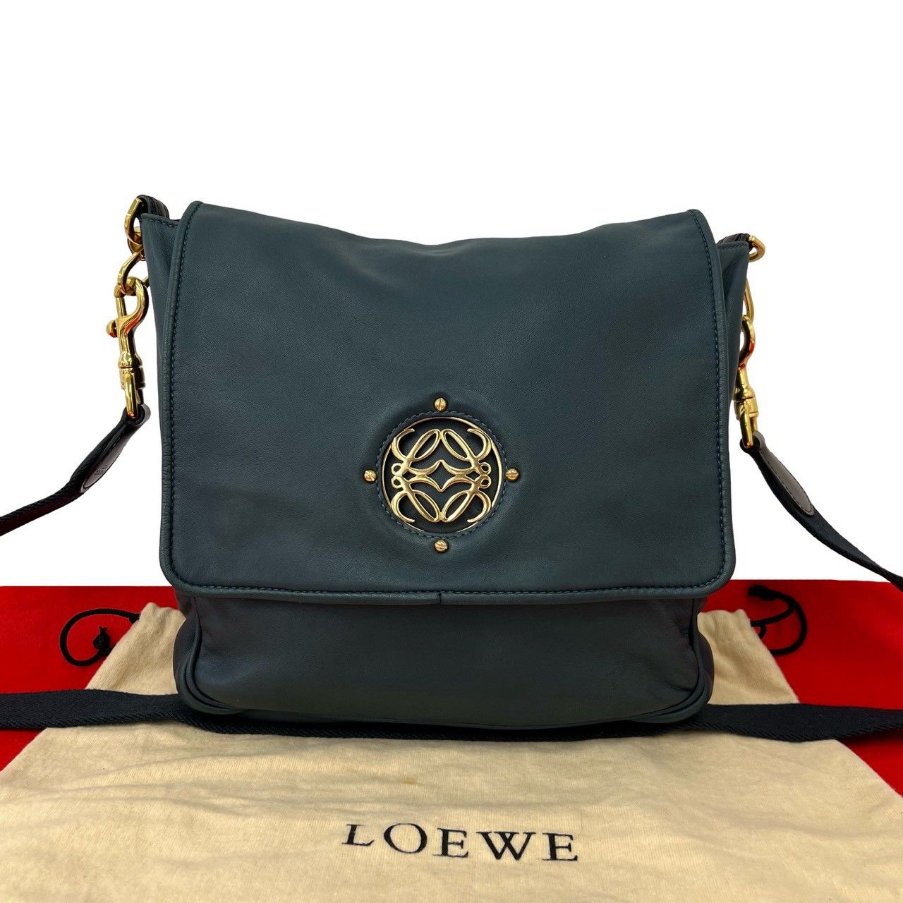 Loewe Vintage Maia Anagram Logo Leather Shoulder Bag Blue Green