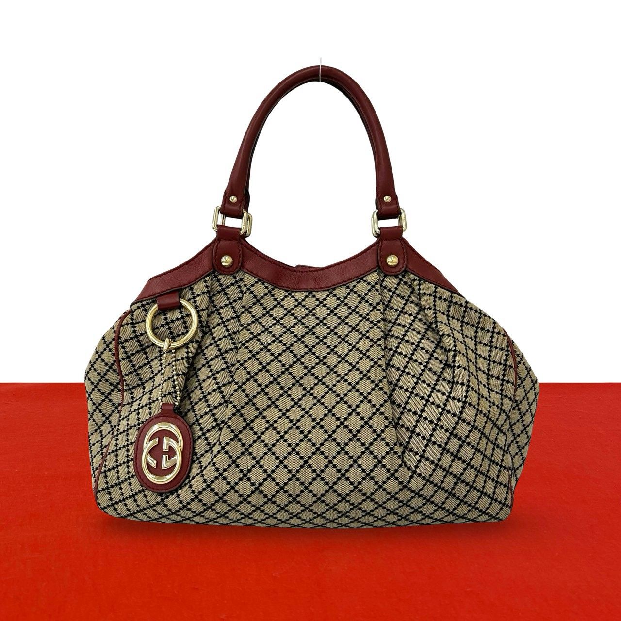Gucci Sookie Diamante Canvas Leather Tote Shoulder Bag Beige