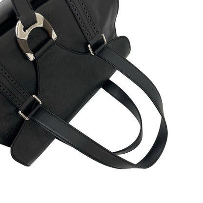 Celine Vintage Logo Perforated Leather Tote Boston Bag Black — view 4