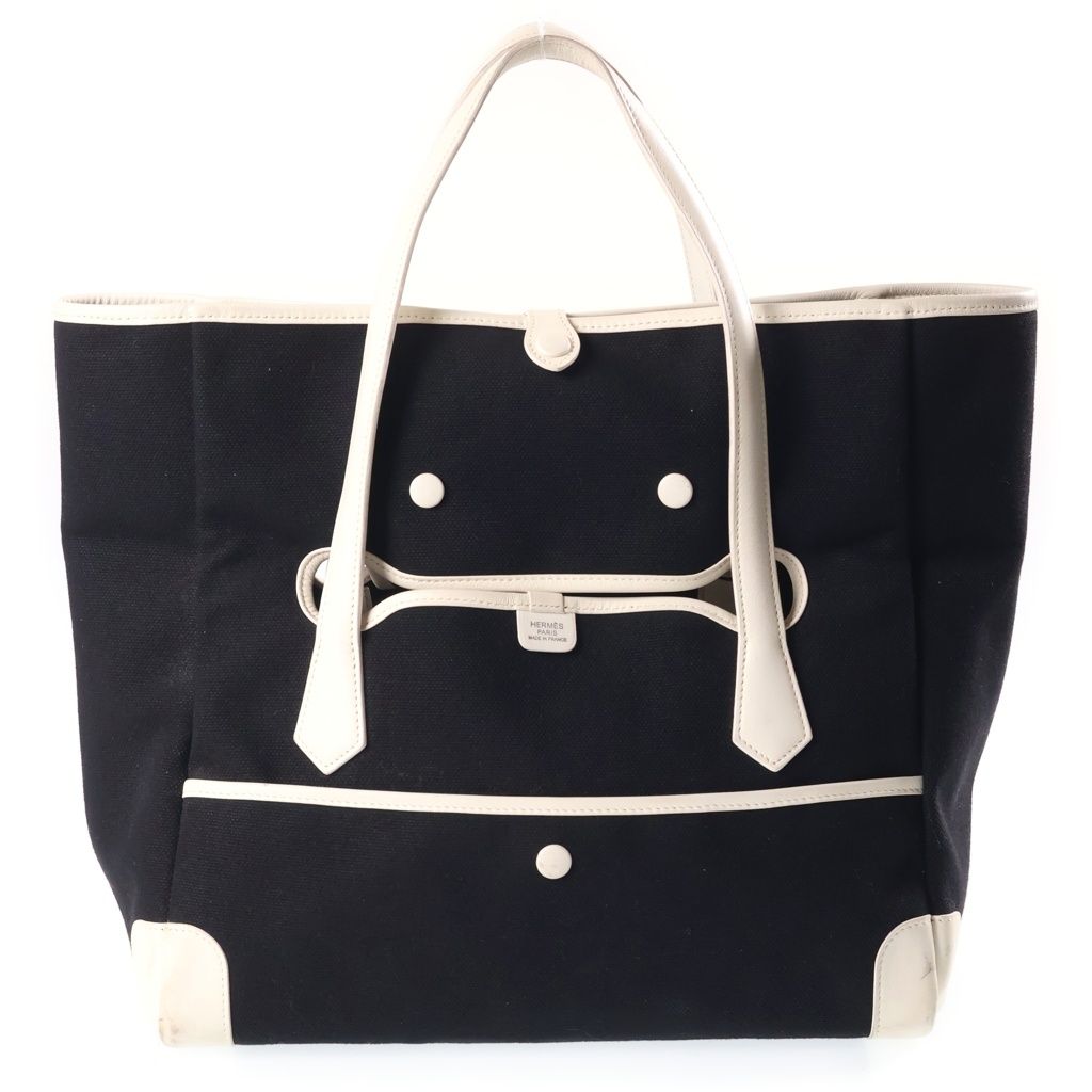 Hermes Pass Tote Bag White Black Toile Ash Leather