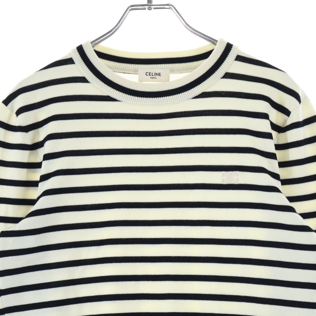 Celine Striped Triomphe Crew Neck Mariniere Wool Knit Sweater White Black — view 3
