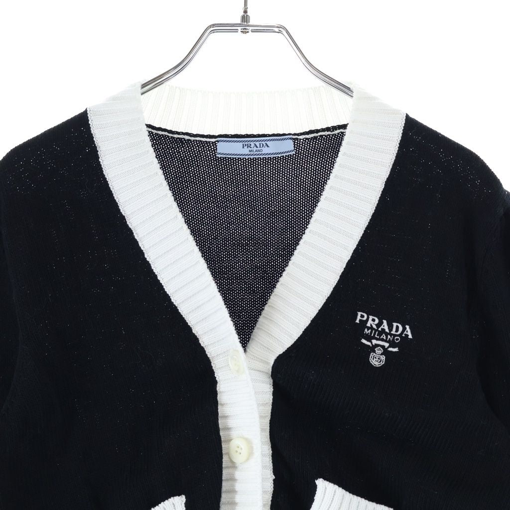 Prada Cropped Plain Knit Cardigan Cotton Black White — view 3
