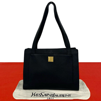 Saint Laurent YSL Logo Leather Tote Shoulder Bag Black