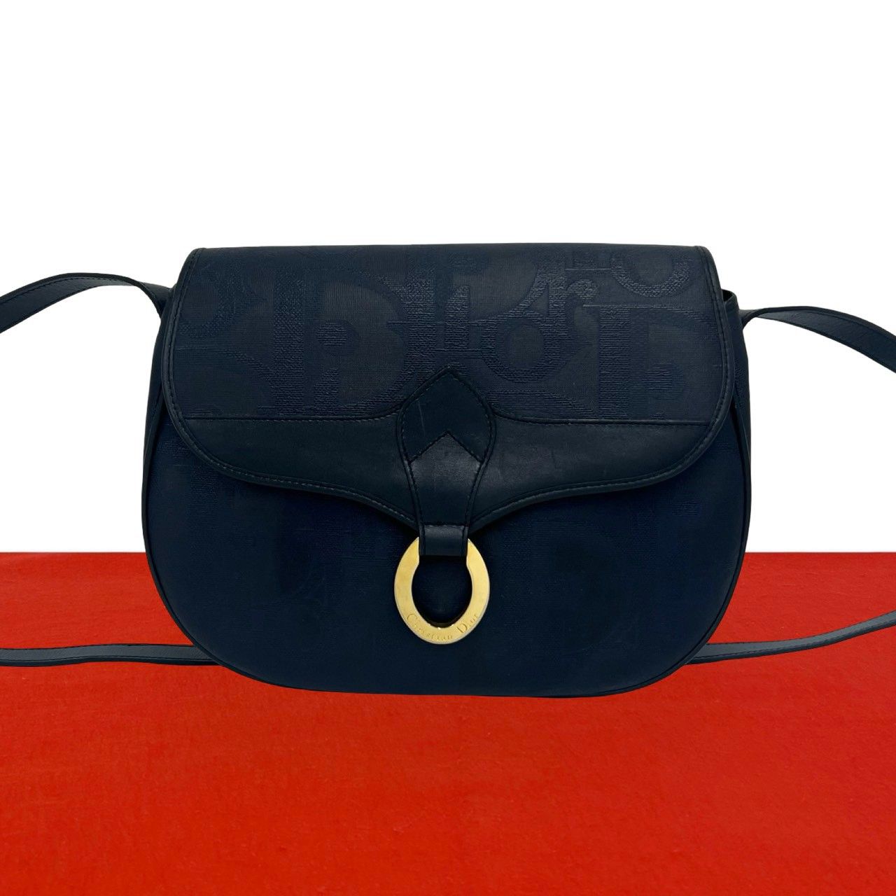 Dior Vintage Trotter Logo Pattern Leather Shoulder Bag Pochette Navy