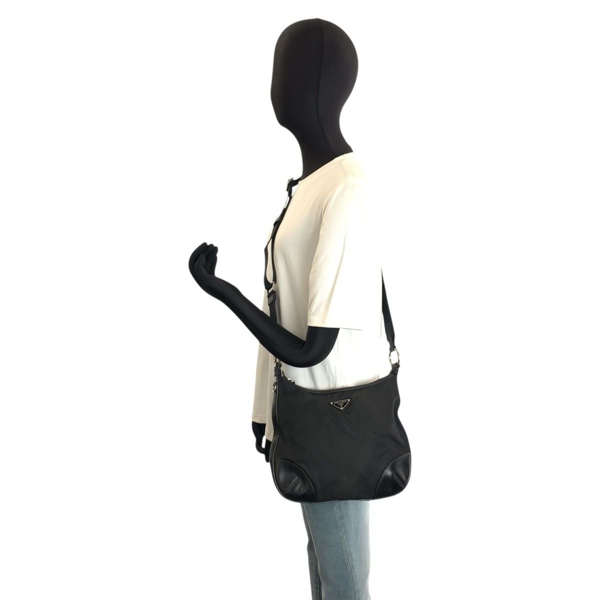 Prada Tessuto Black Silver Nylon Leather Shoulder Bag Pochette — view 6