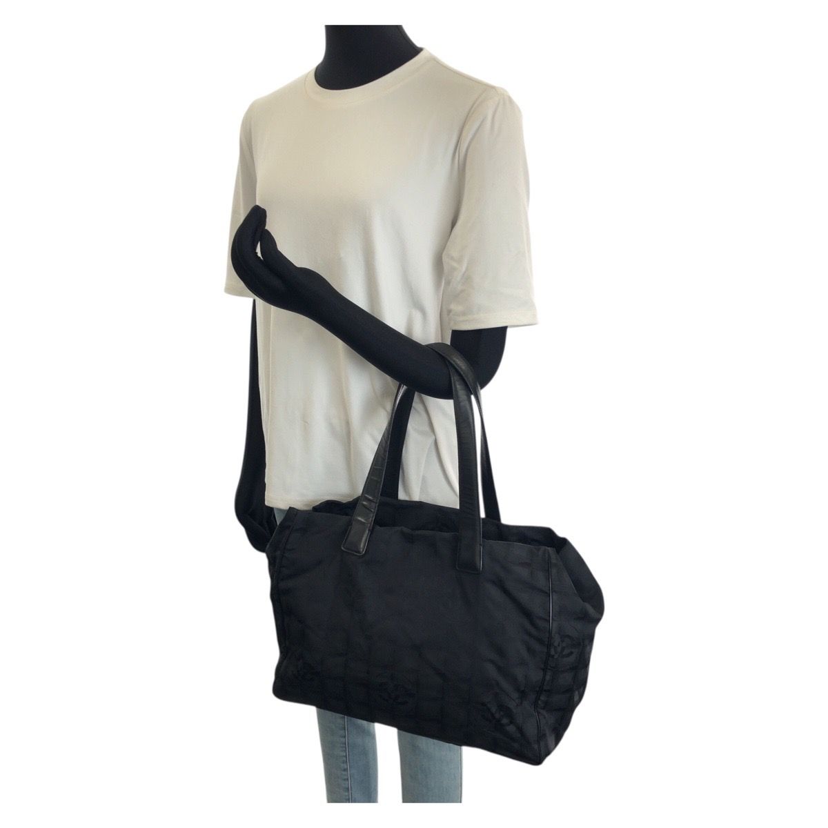 Chanel New Travel Line MM CC Logo Black Gold Nylon Leather Tote Shoulder Bag — view 7