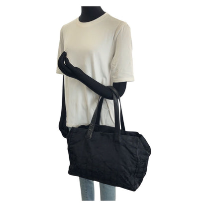 Chanel New Travel Line MM CC Logo Black Gold Nylon Leather Tote Shoulder Bag — view 7