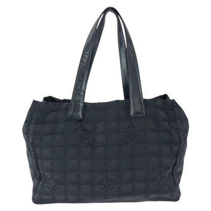 Chanel New Travel Line MM CC Logo Black Gold Nylon Leather Tote Shoulder Bag