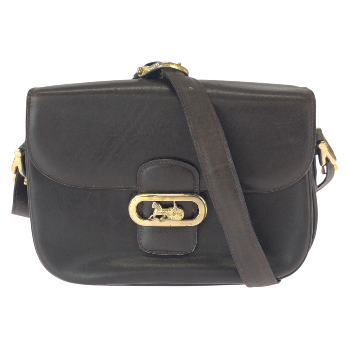 Celine Vintage Horse Carriage Brown Dark Gold Leather Shoulder Bag Pochette