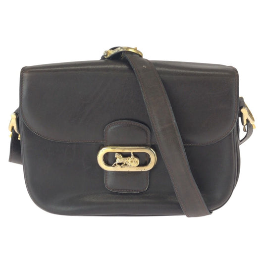Celine Vintage Horse Carriage Brown Dark Gold Leather Shoulder Bag Pochette