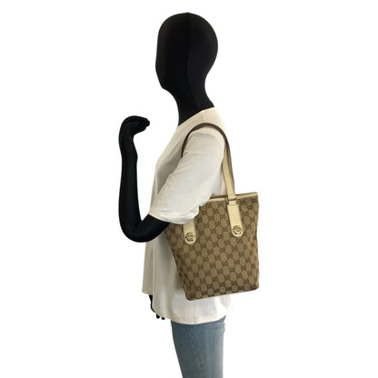 Gucci Beige Ivory Gold GG Canvas Leather Tote Shoulder Bag — view 6