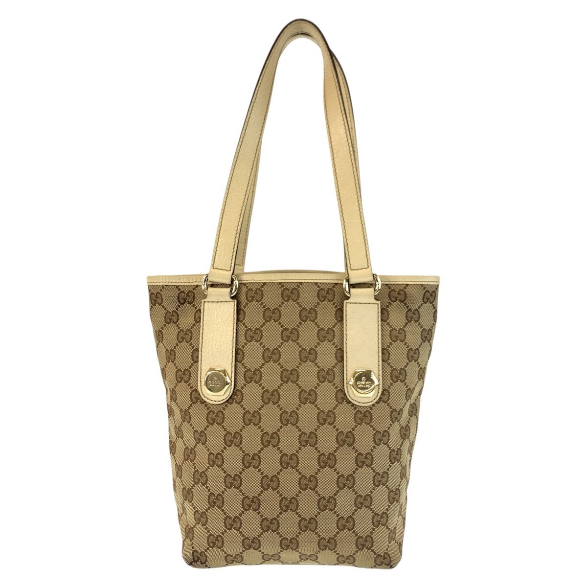 Gucci Beige Ivory Gold GG Canvas Leather Tote Shoulder Bag — view 2