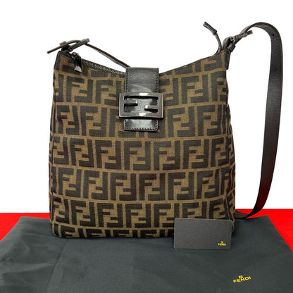 Fendi Vintage Zucca FF Pattern Canvas Leather Shoulder Bag Tote Brown