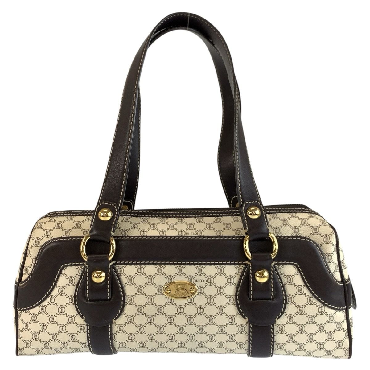 Celine Vintage Macadam White Brown Gold Leather Shoulder Bag