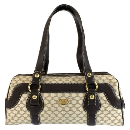Celine Vintage Macadam White Brown Gold Leather Shoulder Bag