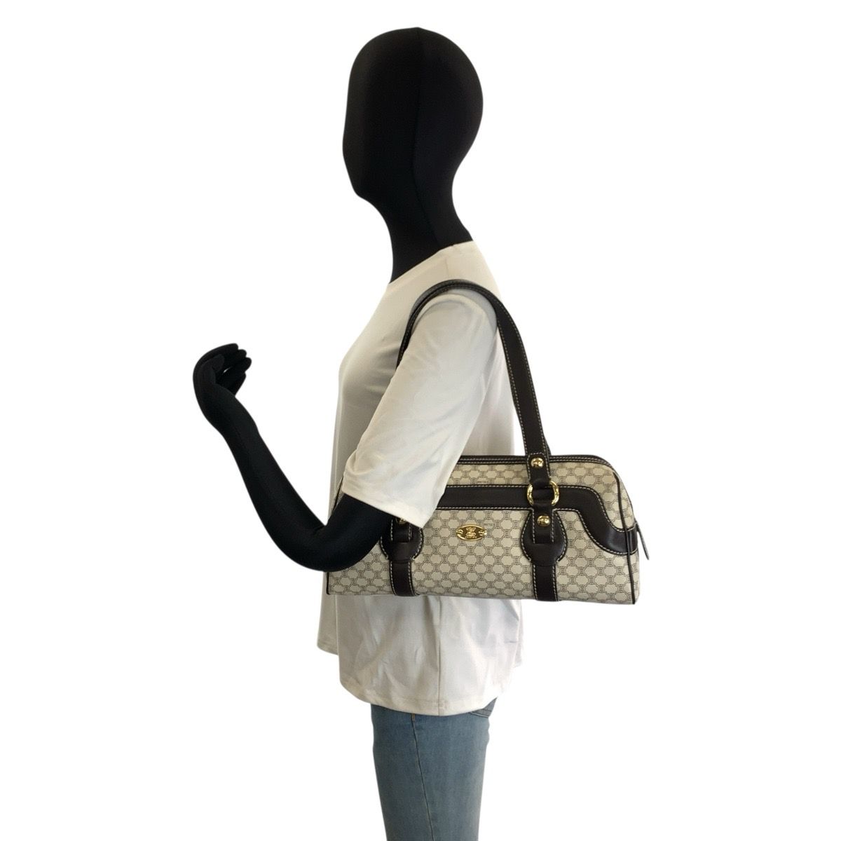 Celine Vintage Macadam White Brown Gold Leather Shoulder Bag — view 8