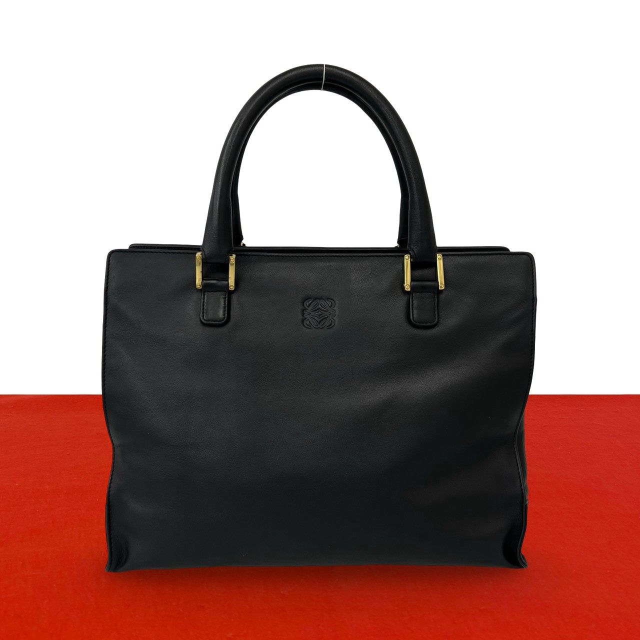 Loewe Vintage Anagram Logo Embossed Leather Tote Bag Black