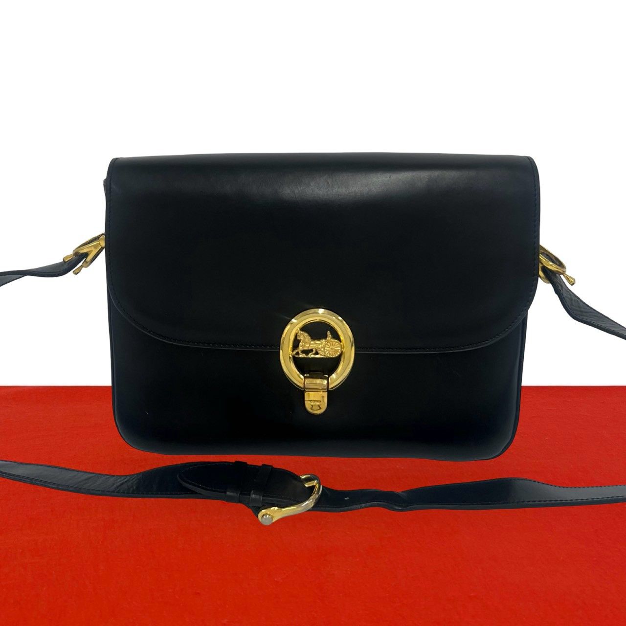 Celine Vintage Horse Carriage Logo Leather Shoulder Bag Pochette Black