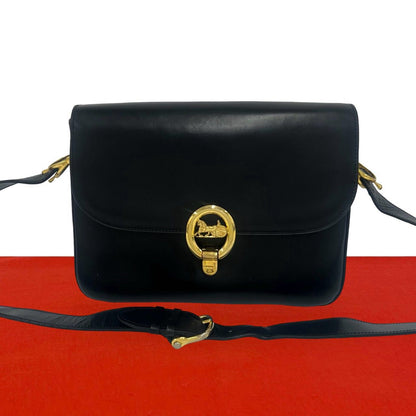 Celine Vintage Horse Carriage Logo Leather Shoulder Bag Pochette Black