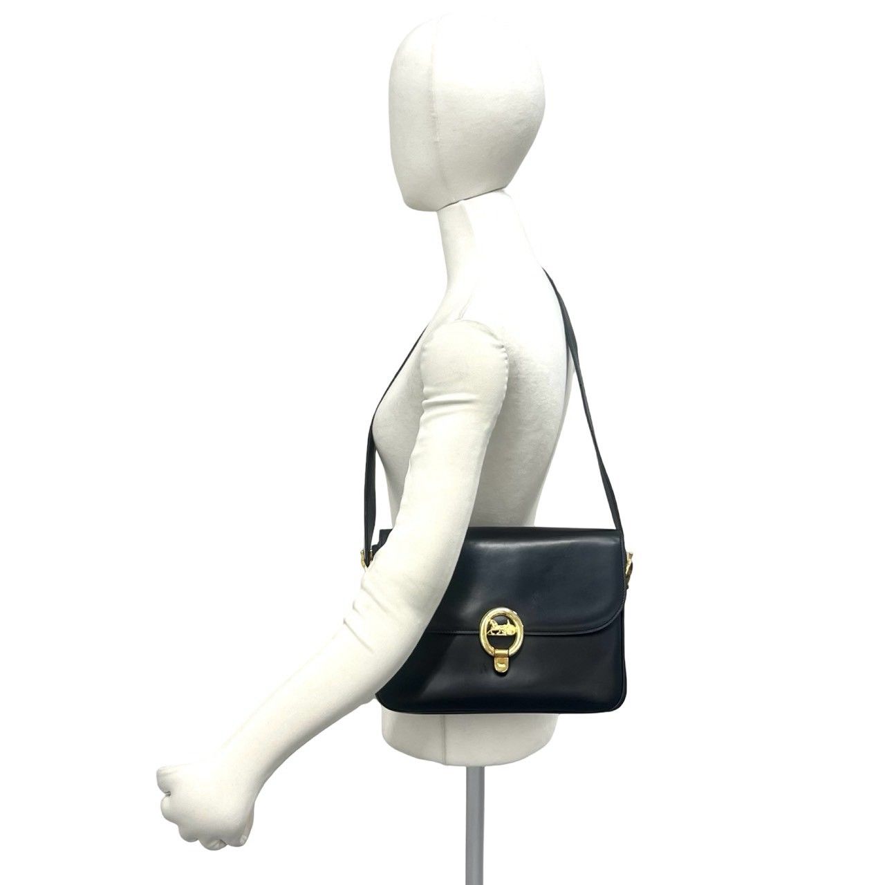 Celine Vintage Horse Carriage Logo Leather Shoulder Bag Pochette Black — view 2