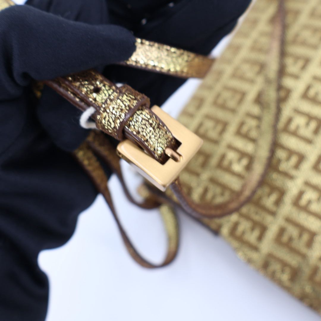 Fendi Zucca Pattern Canvas Gold Leather Shoulder Bag — view 3