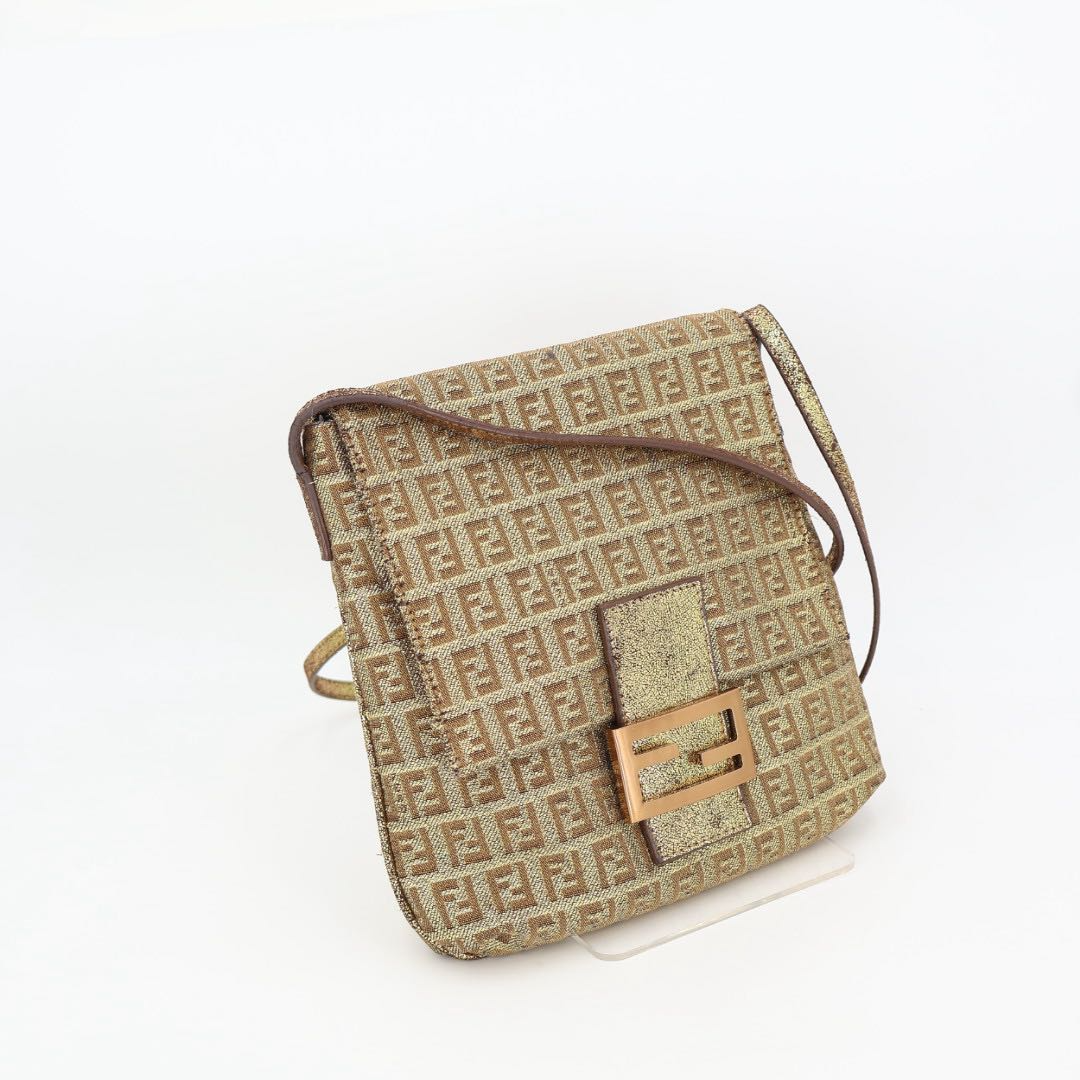 Fendi Zucca Pattern Canvas Gold Leather Shoulder Bag