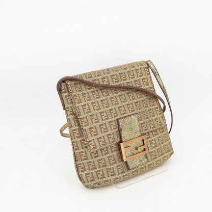 Fendi Zucca Pattern Canvas Gold Leather Shoulder Bag