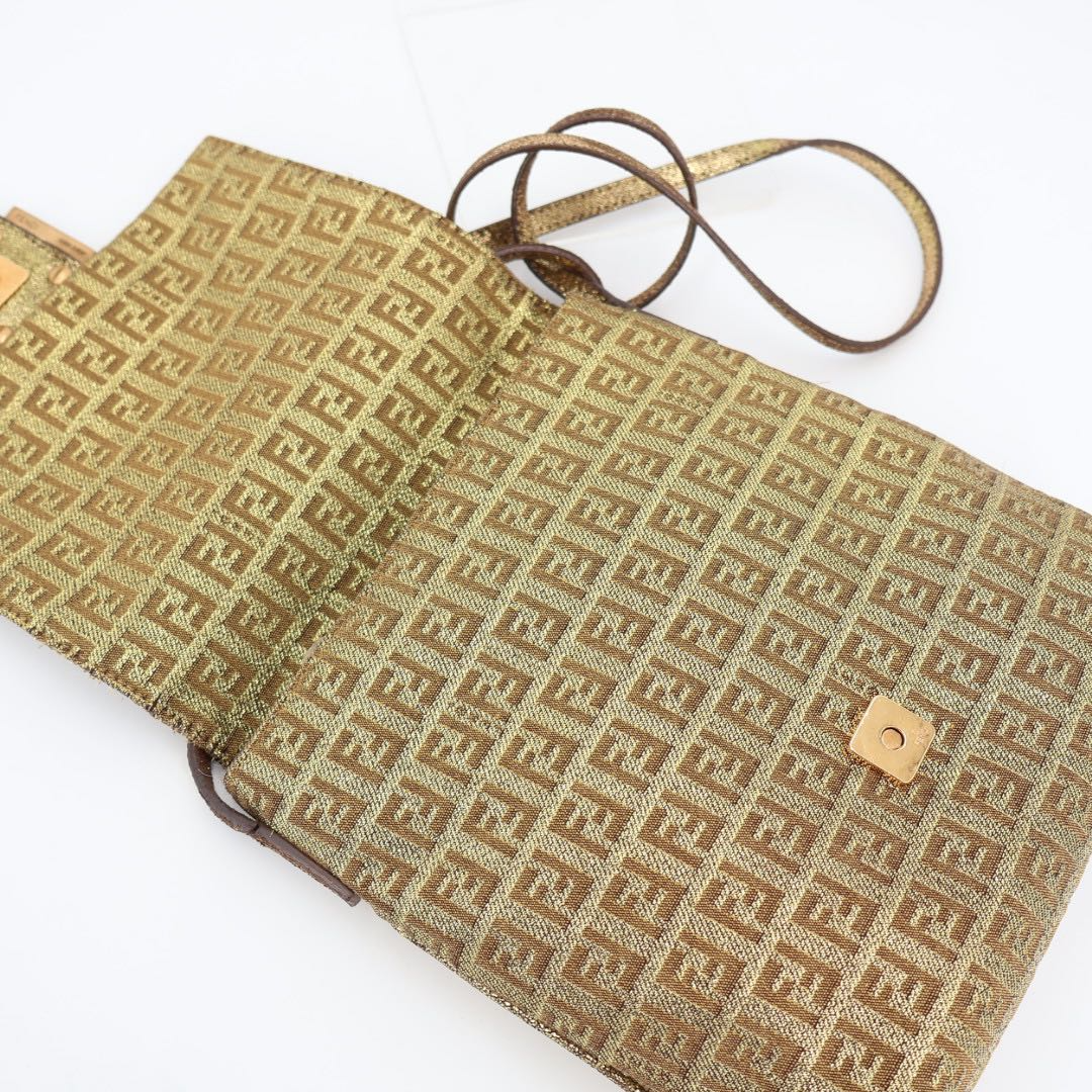 Fendi Zucca Pattern Canvas Gold Leather Shoulder Bag — view 8