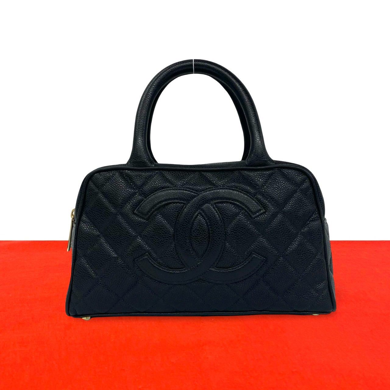 Chanel CC Logo Caviar Leather Mini Boston Bag Black